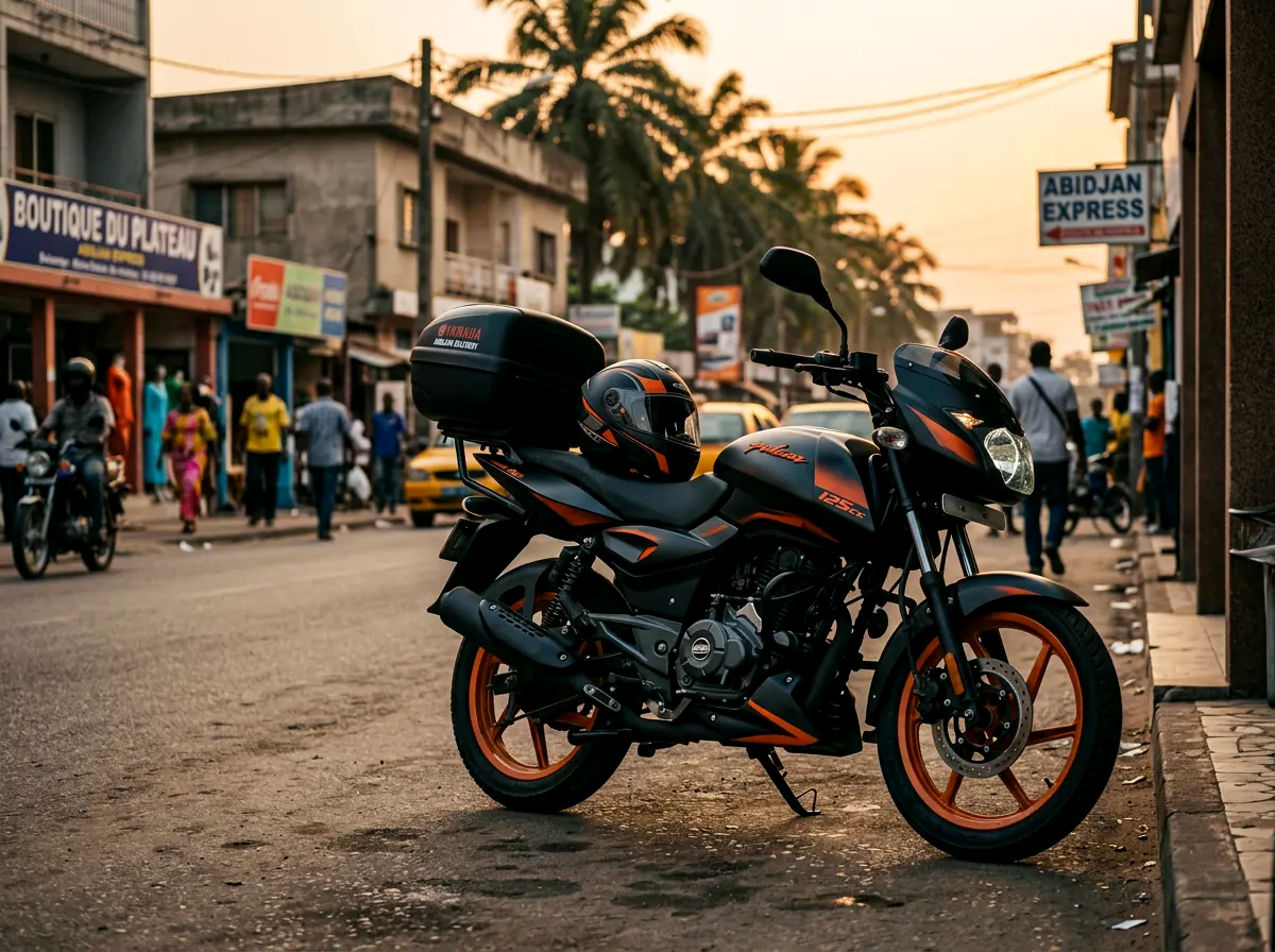 Moto de location garée dans une rue d'Abidjan